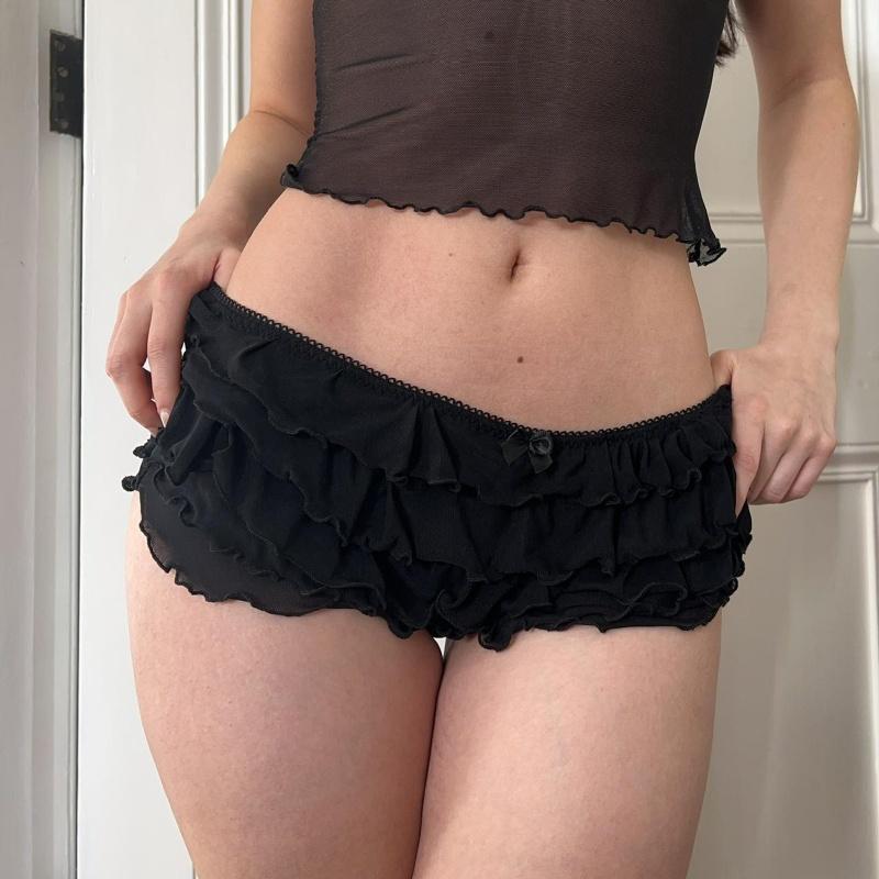 Lamuusaa y2k Bloomers Women Aesthetic Mini Bow Elastic Waist Low Rise Layered Ruffle Under Shorts for Dresses Summer Clothes