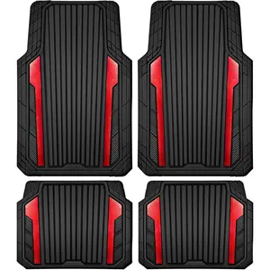 Heavy Duty Rubber Car Mats Metallic, Aluminum Film All Weather Floor Mats Waterproof Universal Trim to Fit Automotive SUV Sedan Van 4 Piece Anodized Deep Dish Two-Tone Sporty Black Red Chrome