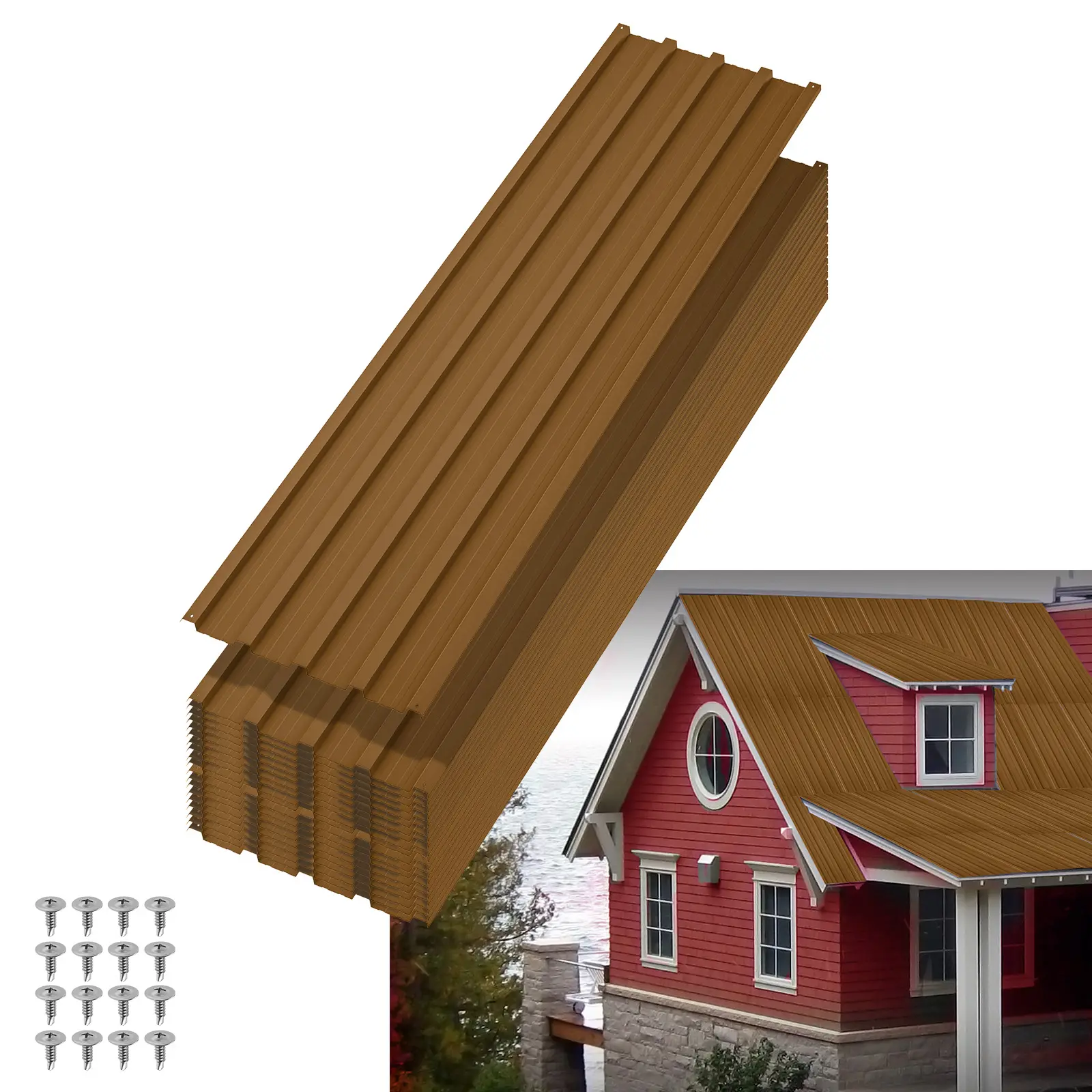 20-Pack Brown Galvanized Steel Corrugated Roofing Panels - Heavy-Duty Waterproof Outdoor Roof/Siding Sheets, 73.2×16.77" for Carport, Patio