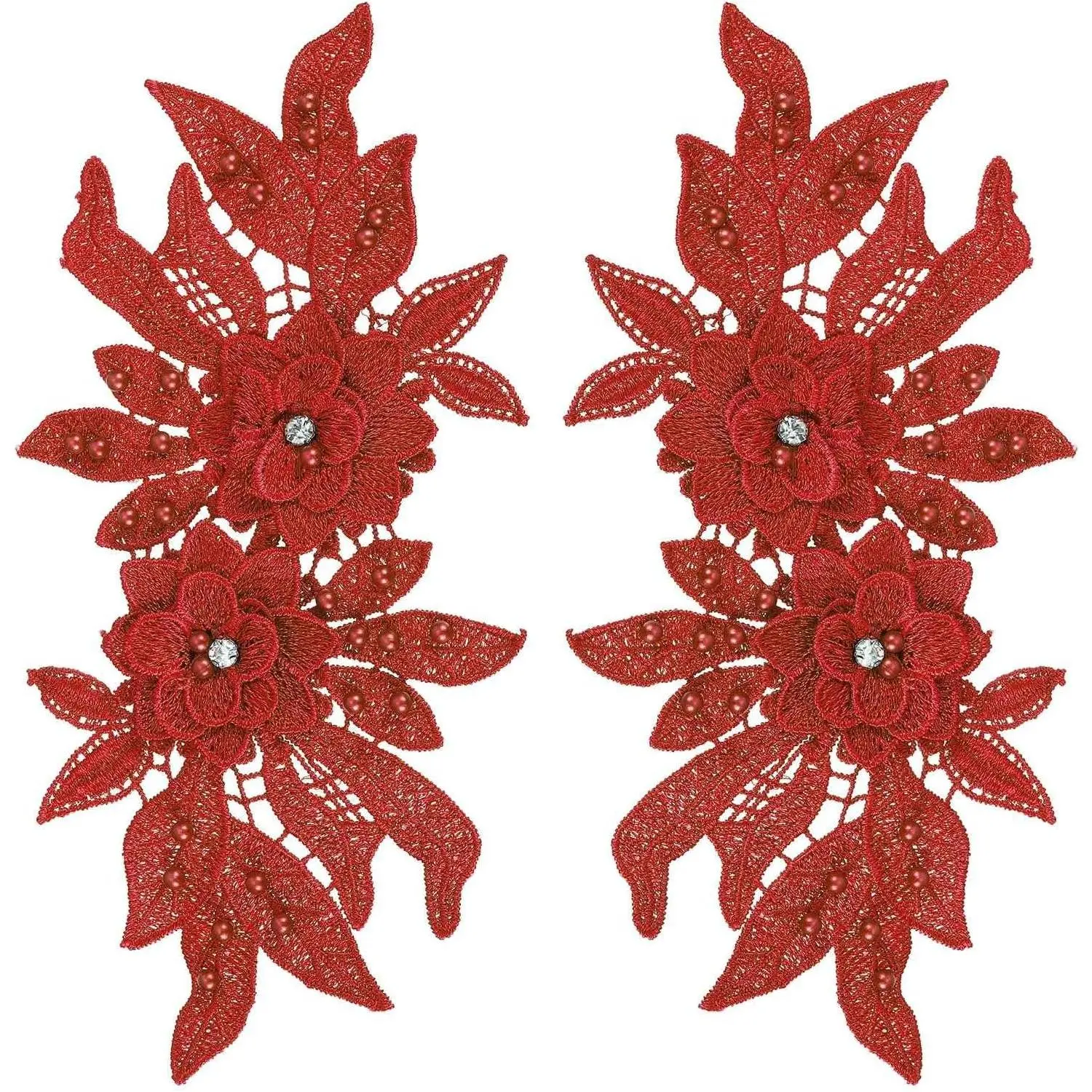 Sky Blue Synthetic Lace Flower Appliques with Rhinestone Accents - 2-Pack, 10x5 Inches Sew-On Embroidery Patches for Wedding Decor, Sewing Dresses, Clothes, Bags DIY