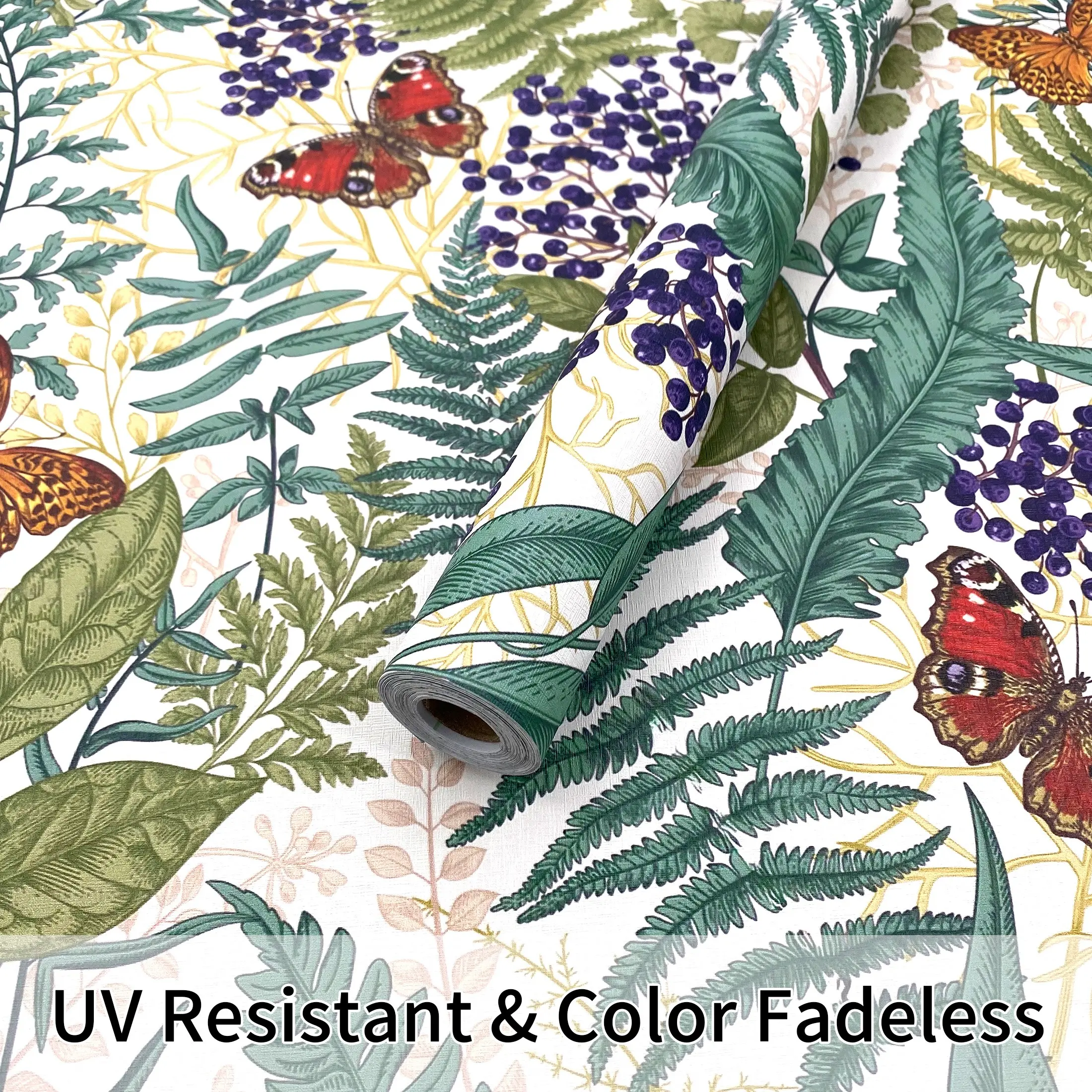 1 Roll 17.5in Width Beige Background Vintage Forest Fern Butterfly Peel and Stick Wallpaper, Waterproof Easy to Clean Cuttable Removable Wall Decals for Bedroom Living Room Kitchen Cabinet Rental Home Decor Stick On Wallpaper