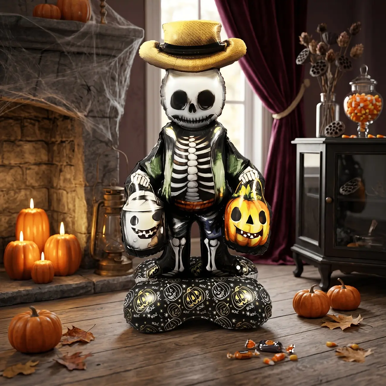 Halloween Standing Skull Aluminum Foil Balloon, 3D Self-Seal Inflatable Balloon, Pumpkin and Ghost Bucket Design, Party Photo Props Decor