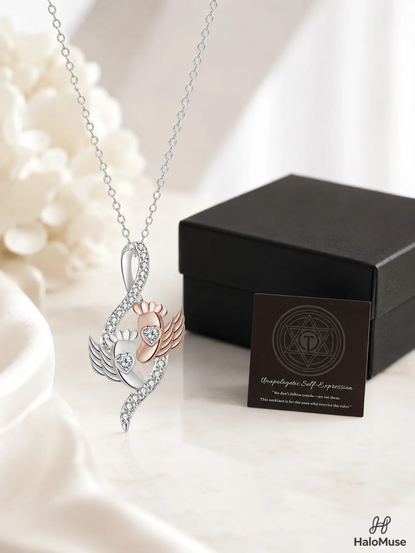 Halo Muse 1 pcs Angel Wings Baby Feet Necklace Gift Set, Two-Tone Heart Stone Pendant with Gift Box & Card, New Mom, Mom-to-Be, Birthday & Baby Shower Gift
