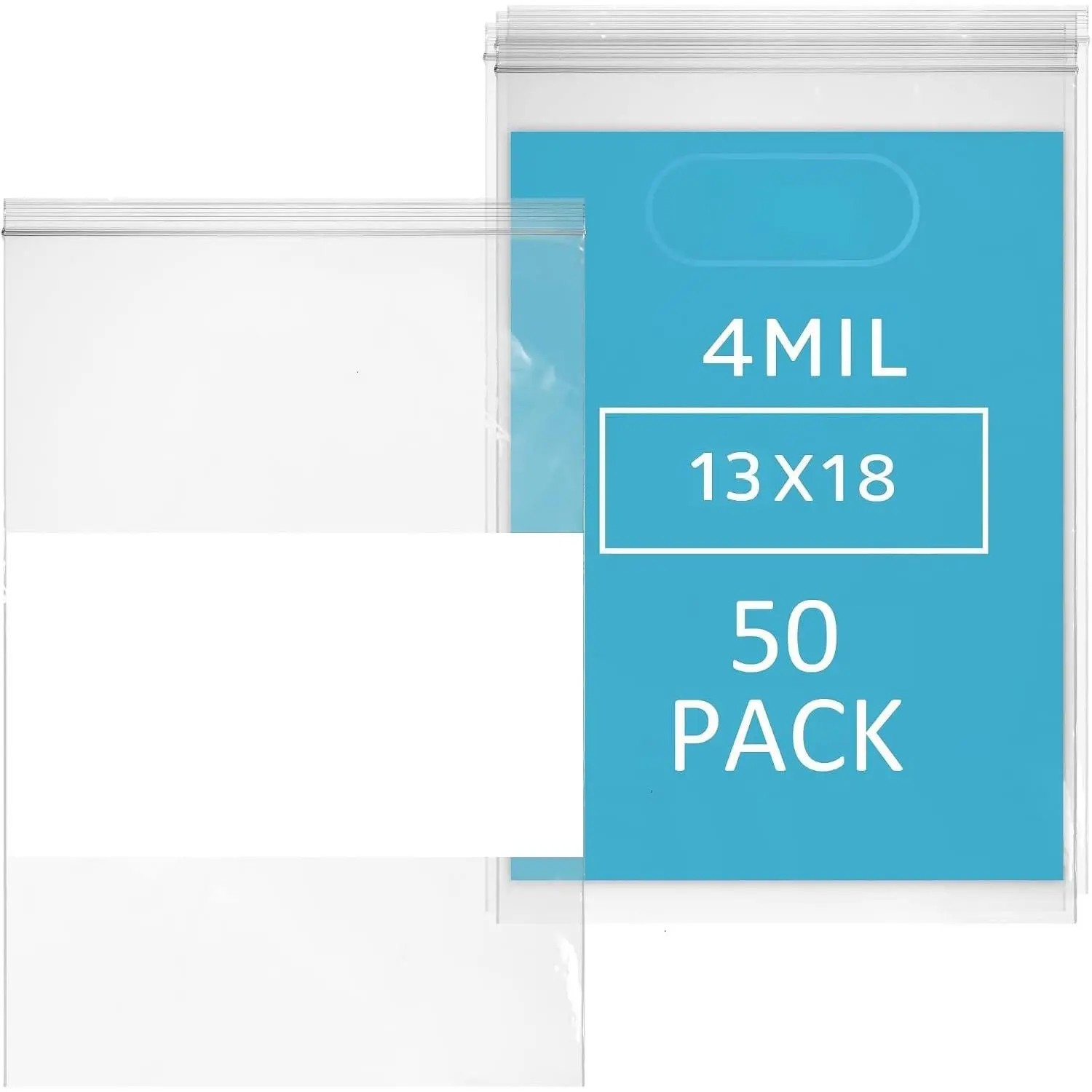 - 13" x 18" - XL - Pack Of 50, 4 Mil Thick, Heavy Duty, Clear Plastic Reclosable Freezer Zip Bags, With White Block for Labeling,  & Durable  Baggies With Resealable Zipper Top Lock.