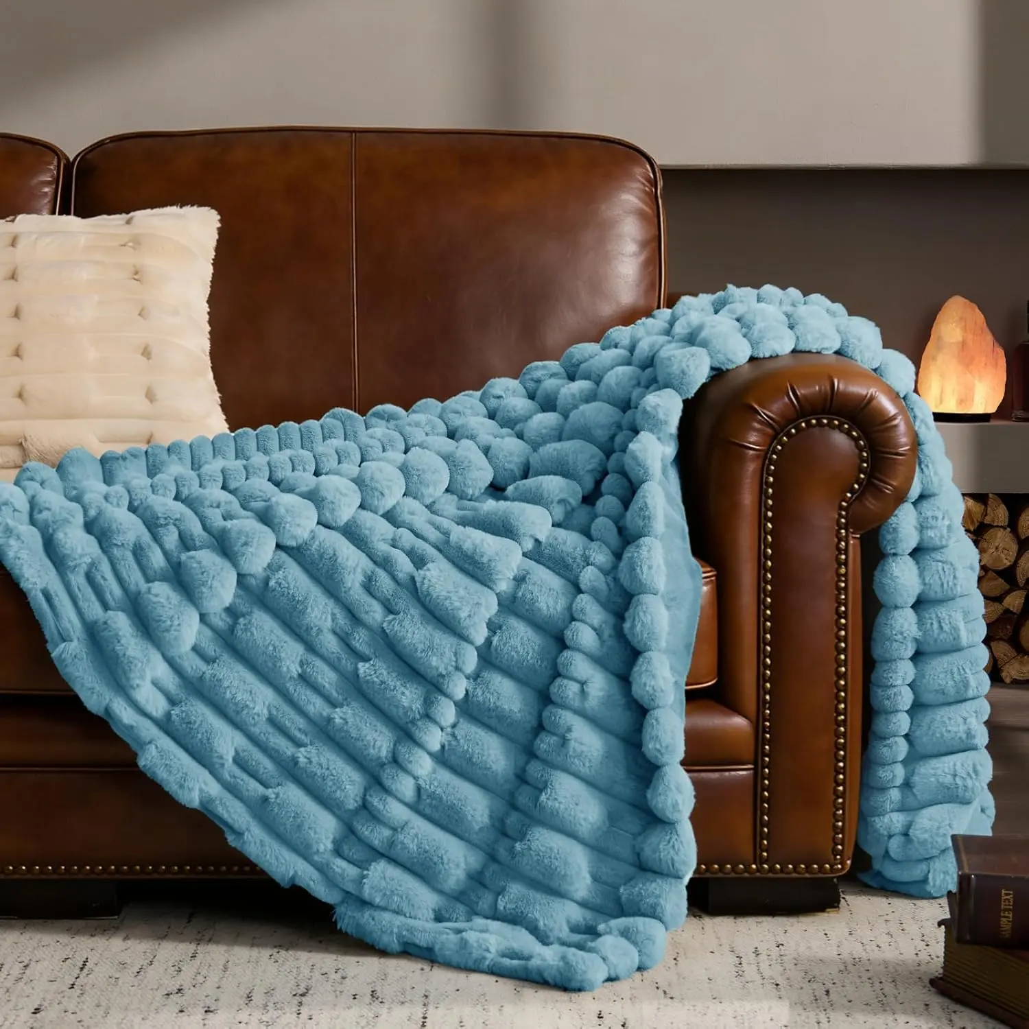Faux Fur Throw Blanket for Couch - Soft & Cozy Plush Striped Blanket for Sofa and Room Decor, Luxury All-Season Gift for, Men, Mom, Dad, 50x60 inch, Light Blue