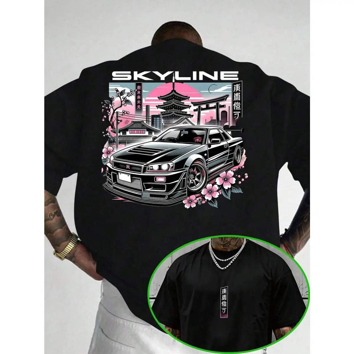 Unisex 100% Cotton Oversized Short Sleeve T-Shirt - Double Sided JDM Skyline Graphic, Japanese Cherry Blossom Temple Print, Casual Classic Loose Tops with Vibe, Menswear, Outdoor, Clothes