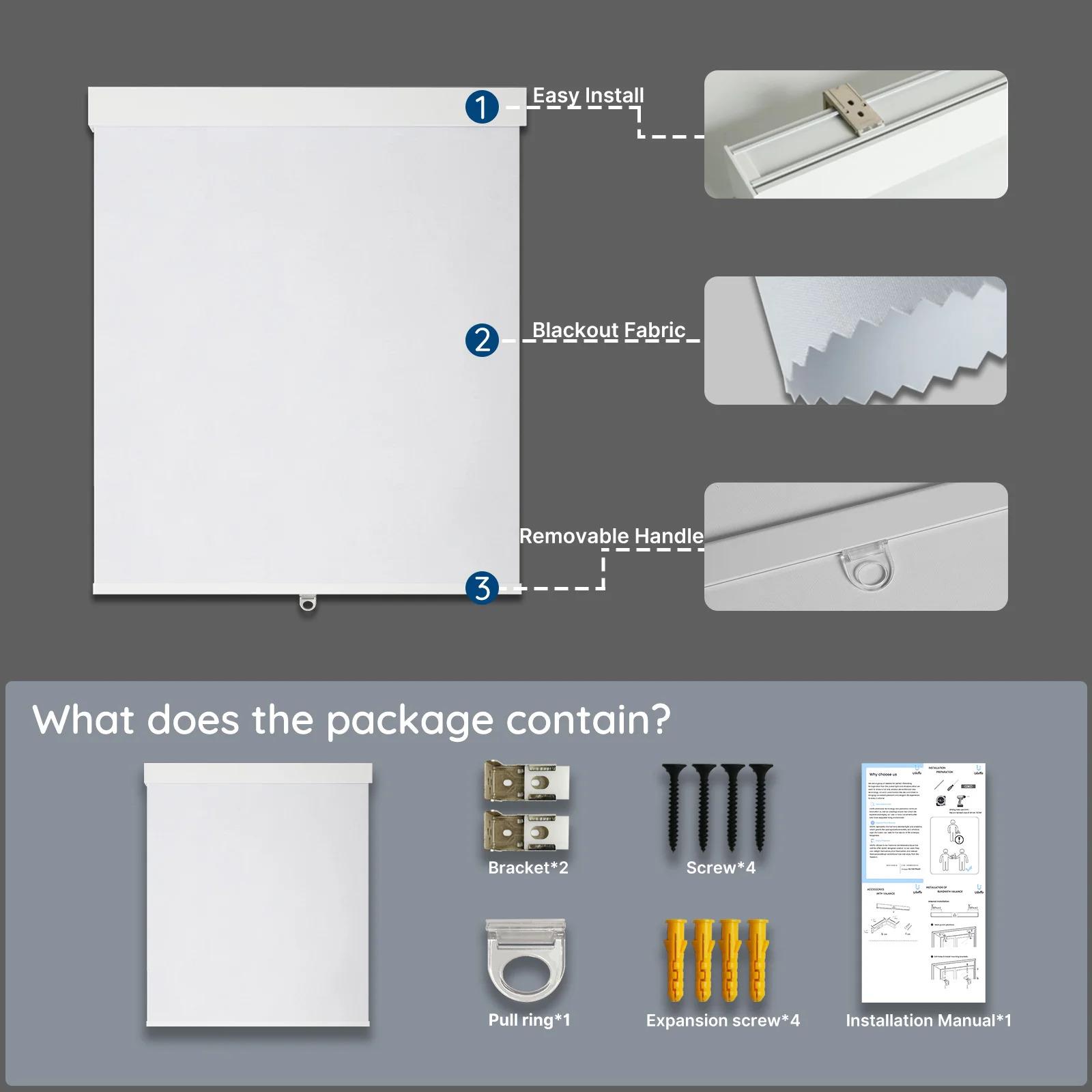 Cordless roller blinds, made of 100% blackout polyester fabric, with a modern design, suitable for homes, hotels, offices, and French windows.Automatic control, waterproof, UV resistant, environmentally friendly, and provides enhanced privacy.