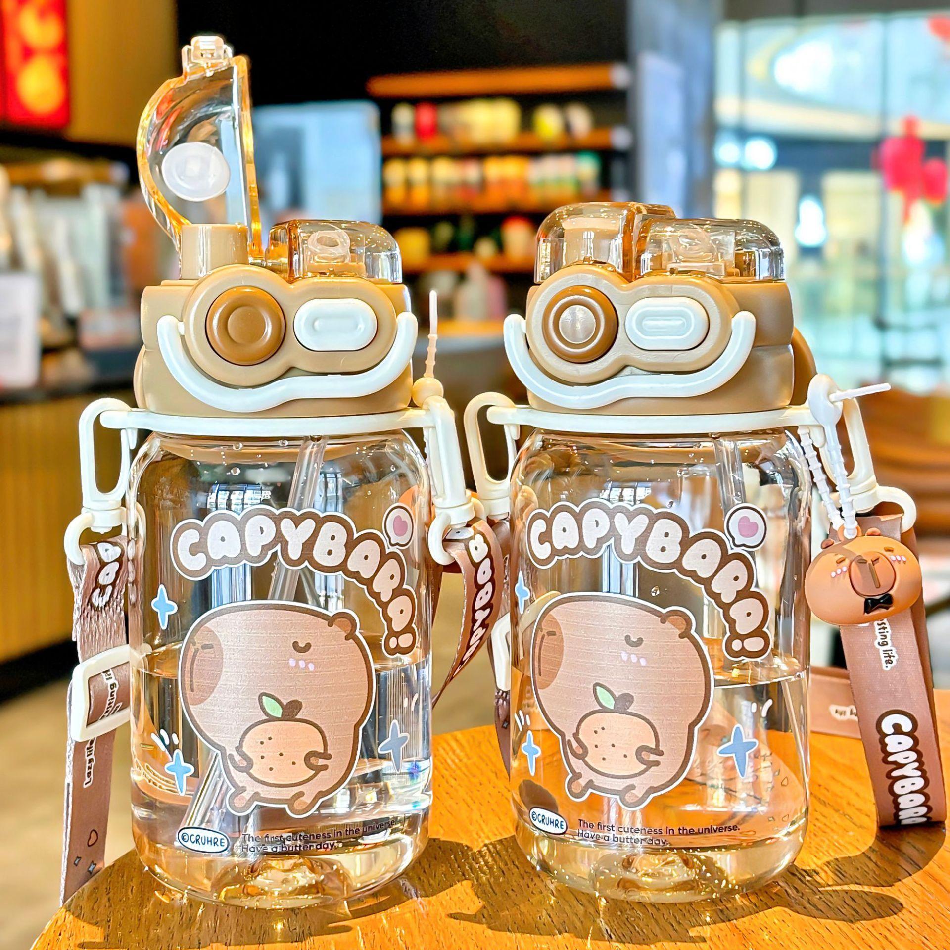 Capybara Cute Summer Kids Plastic Water Bottle for Students Girls kapibara Plastic Cup Portable Strap Children's Cup with Straw