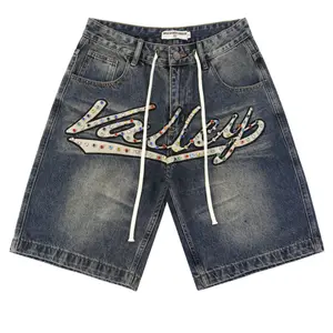 Valley Rhinestone Cursive Denim Shorts Vintage Washed Blue Jean Loose Fit Oversized Y2K Streetwear Hip Hop Baggy Jorts Bermuda Drawstring Summer Men Trendy Bottom
