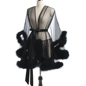 Women's Plus Size Sheer Mesh Robe, Sexy Long Lingerie Nightgown with Faux Fur Trim and Waist Cinching Belt