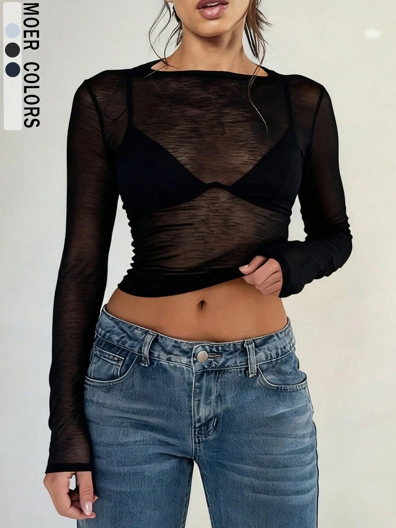 Women's Y2K Transparent Sheer Graphic Tee Shirts, Summer Elastic Stretchy Long Sleeve Round Neck Slim Fit Short Top, Casual Beachwear