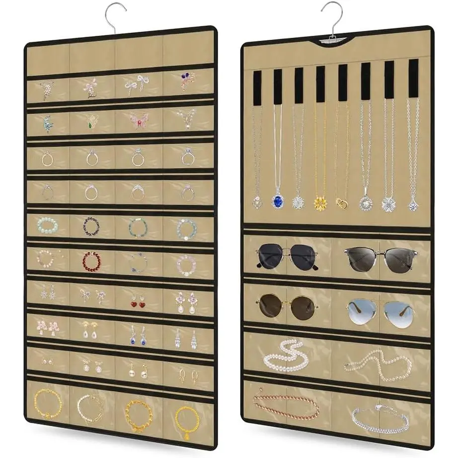 Hanging Jewelry Organizer 1 pack, Double-Sided,Multi-pocket-48 Pockets + 8 hook for Earrings/Necklaces/Rings/Bracelets, Sturdy Hooks fits Closet/Wall/Door, Gift for Women