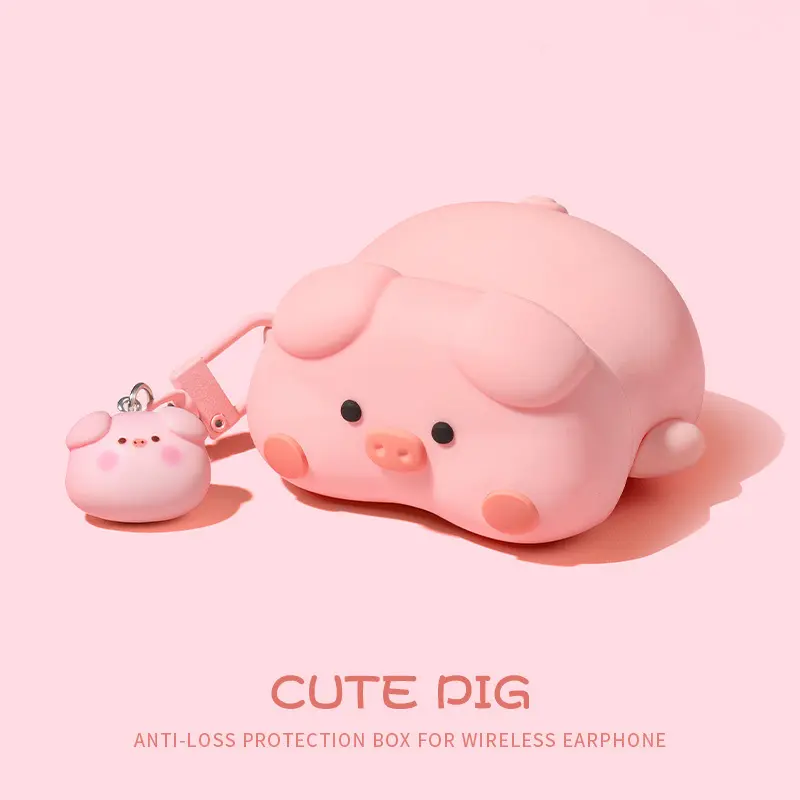 3D Round Cute Pink Pig Animal Silicone Bluetooth Earbuds Case, Thick Shockproof Protection Cover with Metal Keychain Charm & Lanyard Compatibility, Kawaii Bag Accessory Gift, Extra Thick