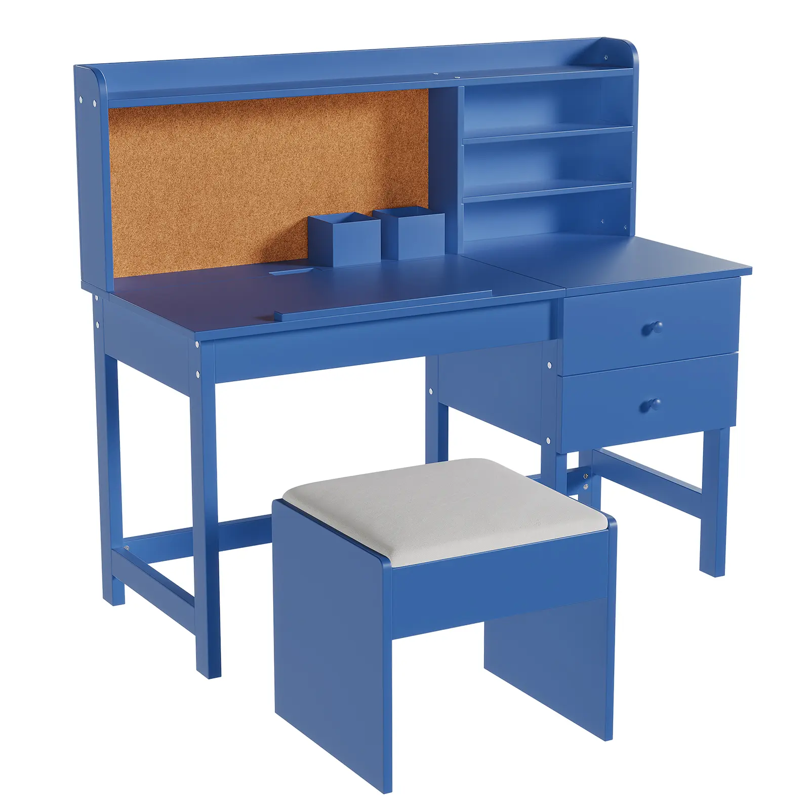 Garvee Height Adjustable Kids' Desk and Chair Set - Wood Frame, Tilting Top, Hutch, DIY Cork Board, Storage Drawer, Padded Stool Blue Study Table for Kids