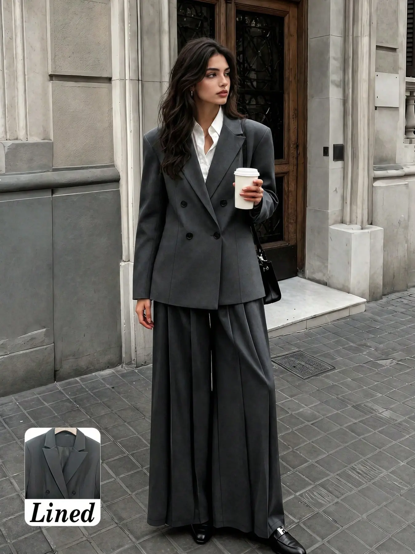 Women's Office Chic Two-Piece Suit Set, Loose Long Sleeve Blazer with Pleated Wide Leg Pants, Women's Autumn/Winter Fashion Double Breasted Jacket Straight-Leg Trousers for Commuting, Elegant Workwear Set