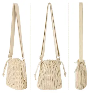 Aesthetic Hollow-Out Knit Drawstring Bag – Versatile Crossbody & Backpack Purse, Cute Summer Woven Tote for Women, Lightweight Festival & Beach Cover-Up, Trendy Gift