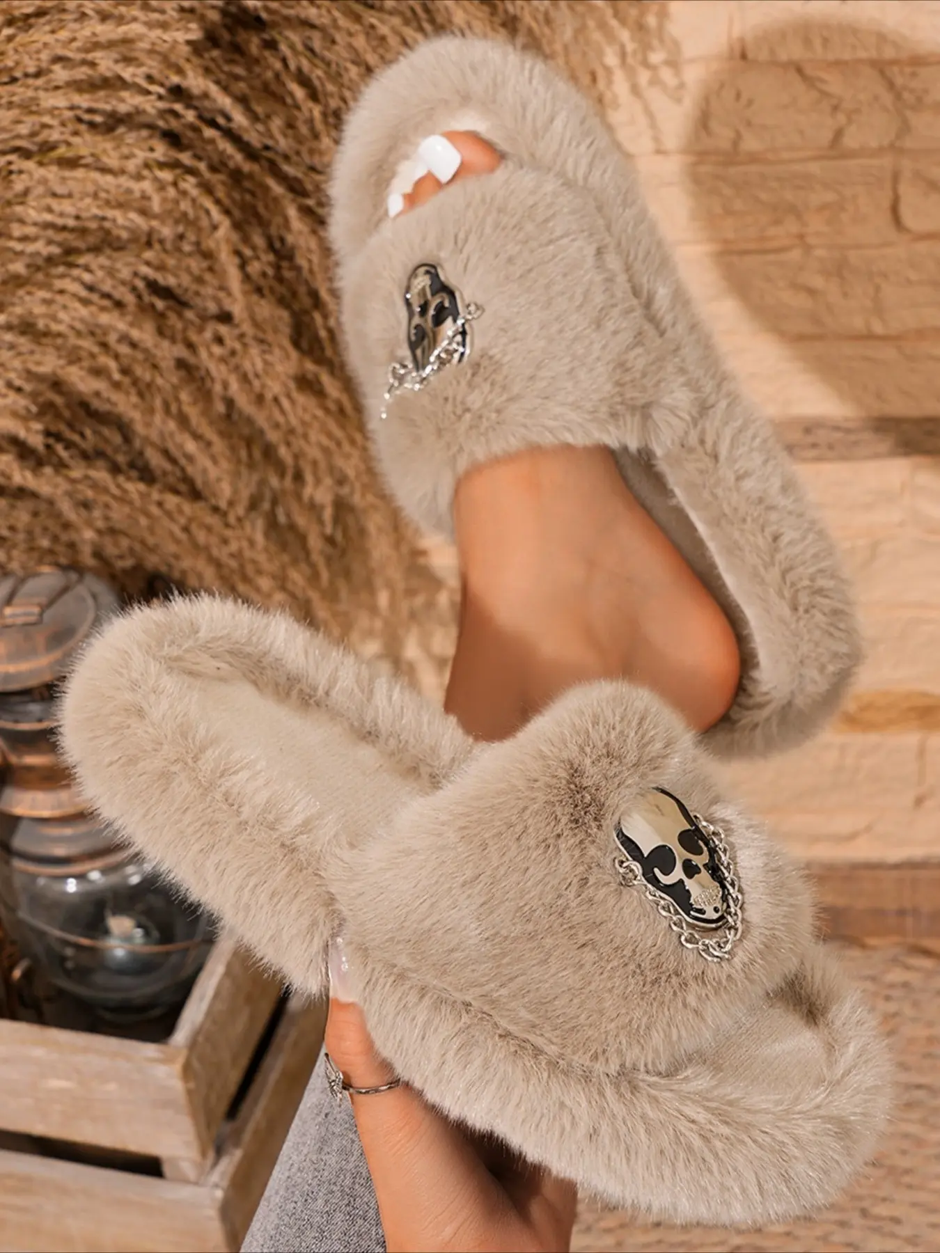 Trendy fuzzy slide slippers with skull metal badge thick plush sole multi-color cool street style warm women slippers for autumn and winter