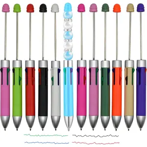 12 count Multicolour Beadable Ballpoint Pens Retractable 4 in 1 Colored Bead Pen Plastic  DIY Pens Cool Shaft Beaded Pen for DIY Making School Party Office (Beads Not Included)