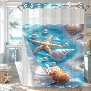 1 Pack No Hook Double Layer Shower Curtain, Pearl, Shell & Starfish Print Bath Curtain, Waterproof, Mildew Resistant, Durable Fabric, Beach Home Decor, Removable Liner, Top See-Through Window, Partition Curtain 71"×74"
