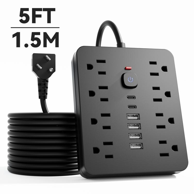 14-in-1 surge-protected power strip with 8 AC ports, 4 USB ports & 2 Type-C ports. Wall-mountable US plug power extension with overload protection and independent controls—essential for home/office safety. Available in 5ft or 10ft cords.
