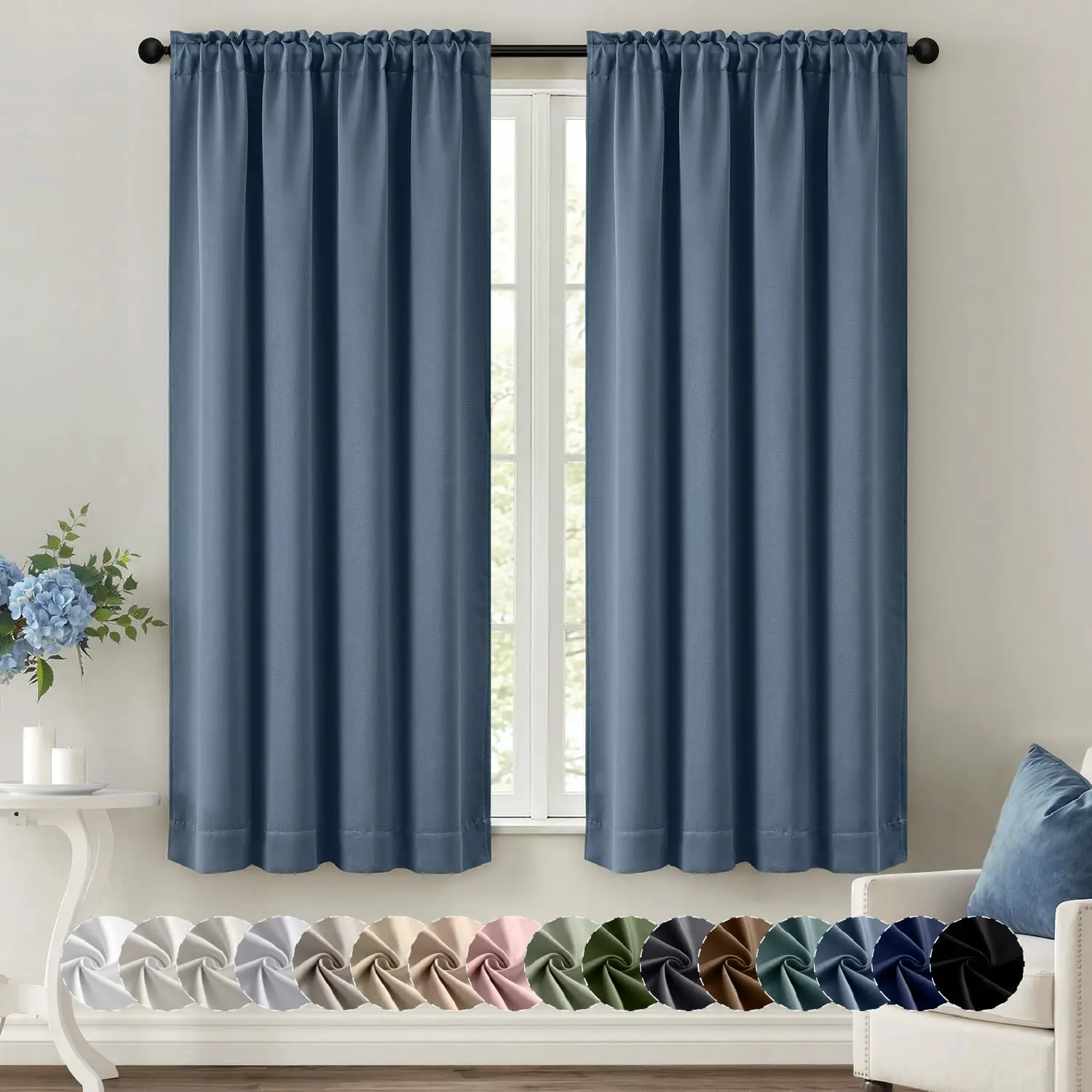Stone Blue Blackout Curtains for Bedroom Living Room 40"x63" 2 Panel| Thermal, Room Darkening Drapes, Rod, Noise Reduction, Light Blocking, Window Treatments