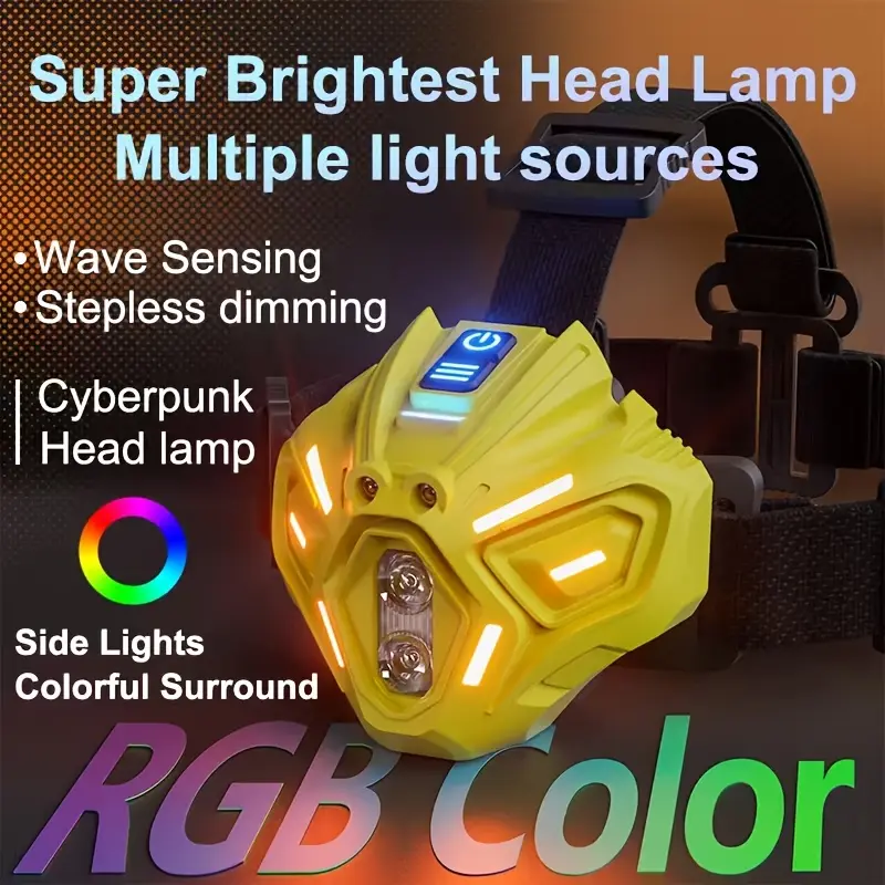 A new cyberpunk-style headlamp featuring wave-sensing technology and 7 distinct light colors—ideal for camping, outdoor sports, workshop repairs, and home emergency use.