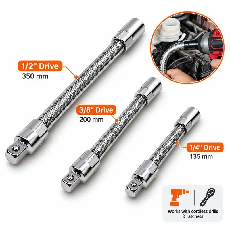 Multifunctional 1/2 Inch 35Cm / 13.8In Socket Wrench Set - 3 Bendable Shafts, Wrench Extender, Connecting Rod, Flex Reach, Tight Turns - Durable High-Quality Car Repair Tire Fitting Tool for Home, Field Mechanics, Father's Day Gifts, Multifunctional Socke