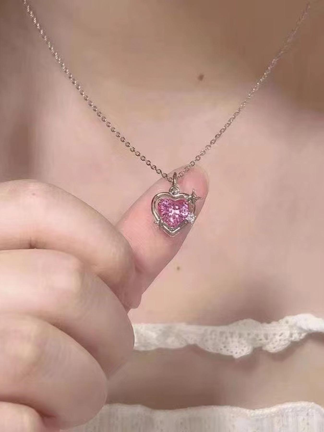 Women's Elegant Pink Rhinestone Decor Star Detail Pendant Necklace, Fashionable All-match Heart Shape Design Necklace for Party, Daily Clothing Decor for Girl, Dainty Necklace, Love Heart Necklace