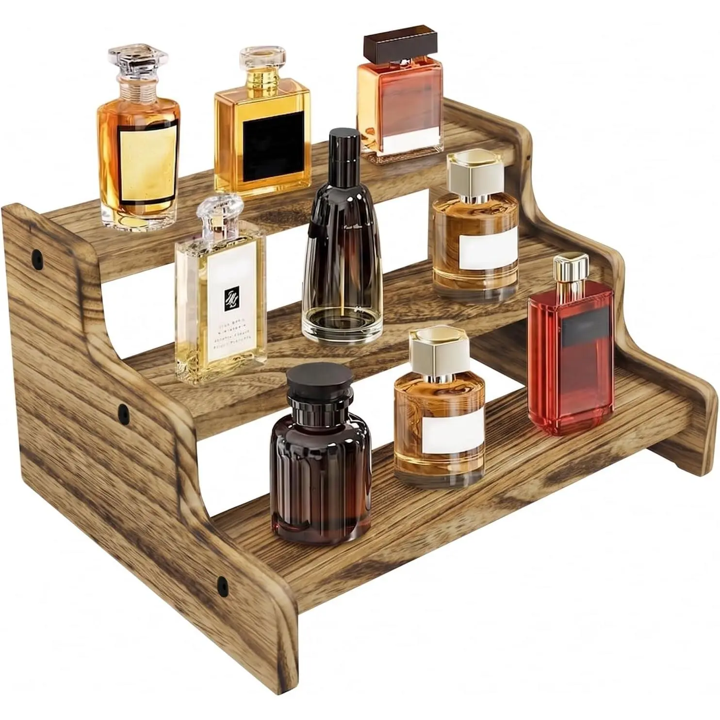 Wooden Cologne Organizer for Men, Perfume Organizer Stand, Cologne Stand with Anti-Slip Washers, Wooden Display Risers Stand for Dessert, Cupcake, Charcoal-Grilled, 3-tier-9.4in