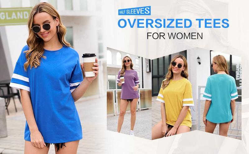 Womens Oversized Tees Loose T Shirts Half Sleeve Crew Neck Color Block Cotton Tunic Tops