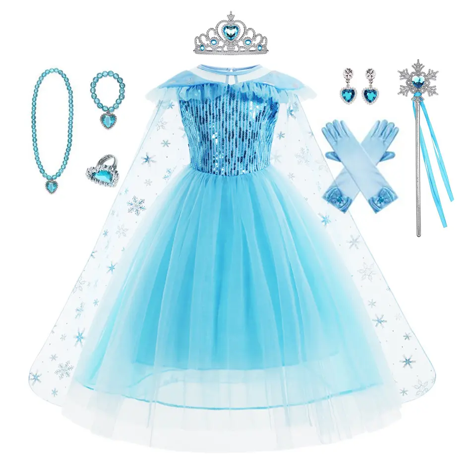 White Elsa princess dress with sequins and mesh skirt, detachable cape, dress for holiday parties and costume events-DHY