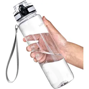 32oz Motivational Sports Water Bottle with Time Marker - Times to Drink - Tritan, BPA Free, Wide Mouth Leakproof, Clear (1 Bottle)