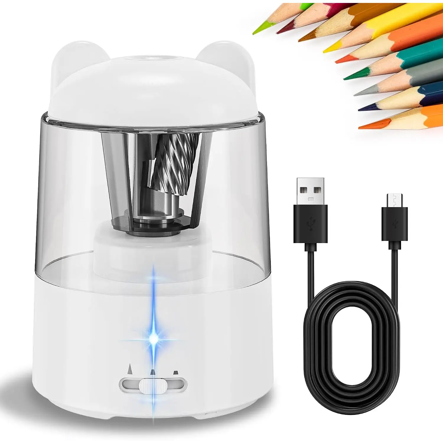 Electric Pencil Sharpener for Colored Pencils, Auto Stop,White | 3 Sharpening Modes,Suitable for No.2/Colored (6-8mm),Cordless Rechargeable,Cute for  , for Classroom/Office/