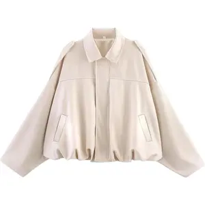 Faux Suede Bomber Jacket, Oversized Casual Lapel Pilot Coat, Long Sleeves Streetwear Outfits