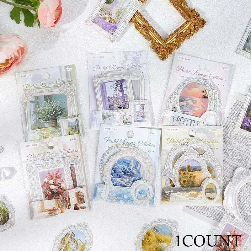 1 Pack 30 Sheets Handmade Stickers, Journaling Stickers, Vintage Decorative Collage Journal Decoration Material, Soft Color Dream Collection Series