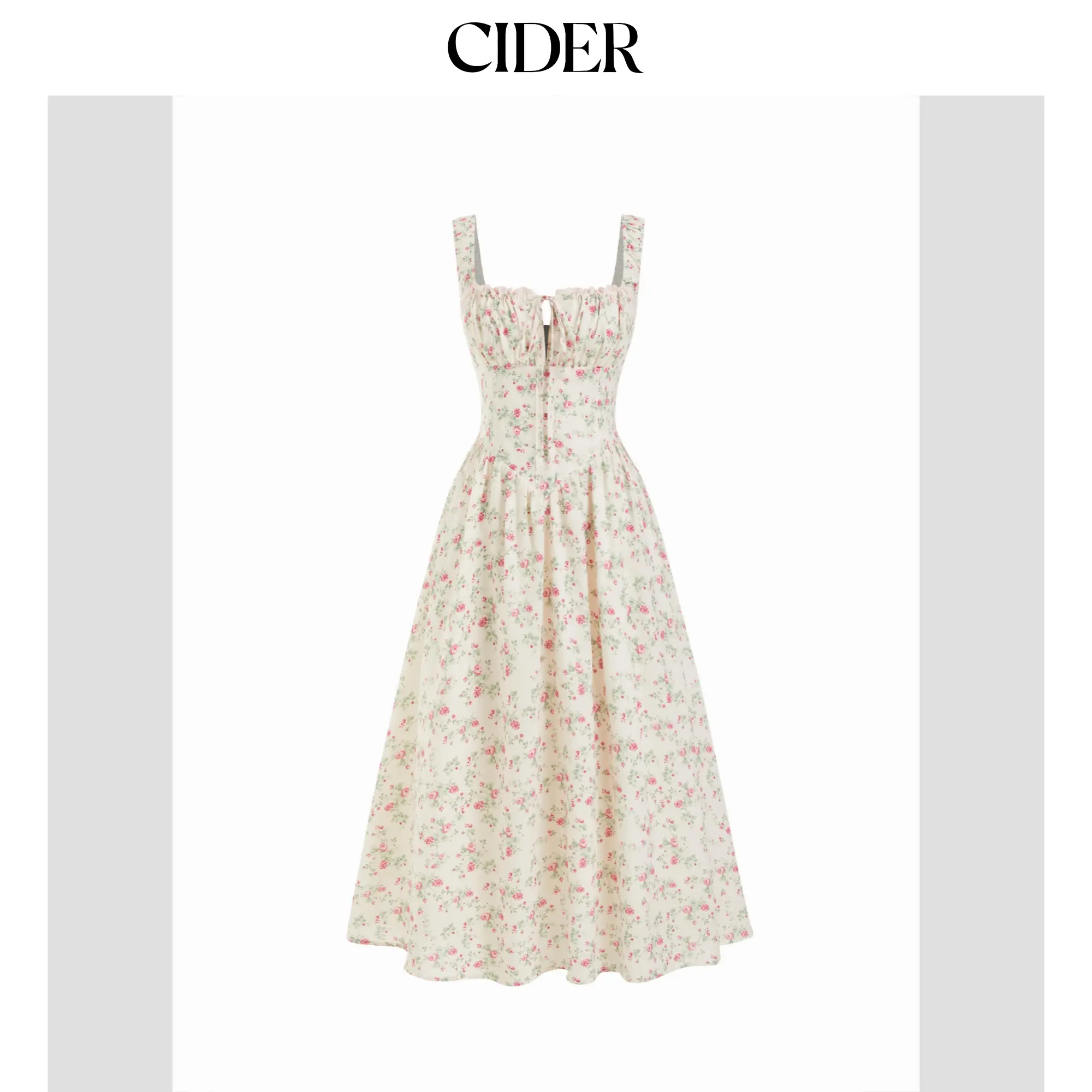 Cider Cotton-blend Square Neck Floral Knotted Shirred Midi Dress