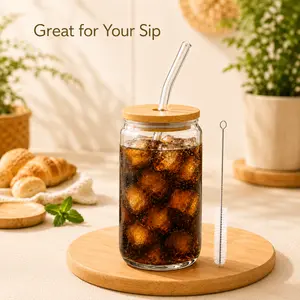 MIUVA 16 oz Glass Cup with Bamboo Lid and Glass Straw, Reusable Borosilicate Glass Tumbler with Cleaning Brush for Iced Coffee, Tea, Soda, Juice & Smoothies