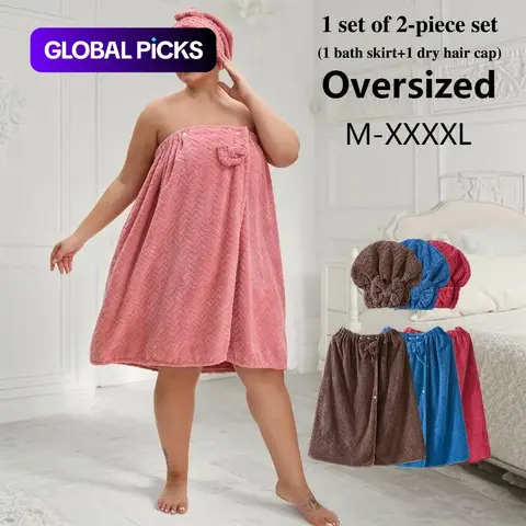 Plus Size Solid Color 2-Piece Bath Towels Set, 1 Bath Wrap Skirt and 1 Hair-Drying Cap, Adjustable Soft Absorbent Bath Set with Pocket for Bathroom, Hotel and Travel Bath Towel Sets #GLOBAL PICKS
