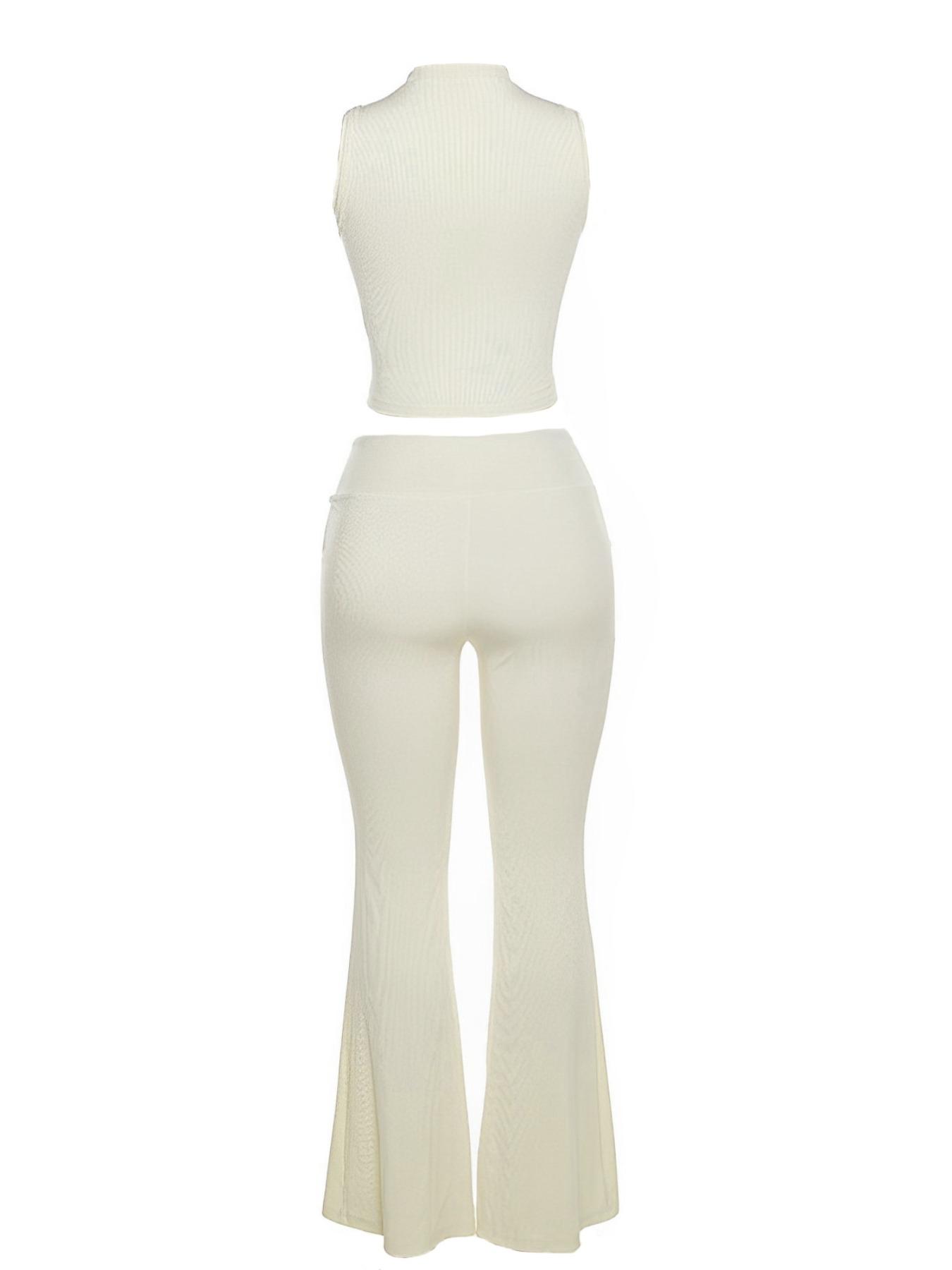 Women's Casual Two-Piece Set, Plain Color Crop Top & Flare Pants, Summer Fitted, Moderate Knit Fabric, Stylish Ladies' Clothing