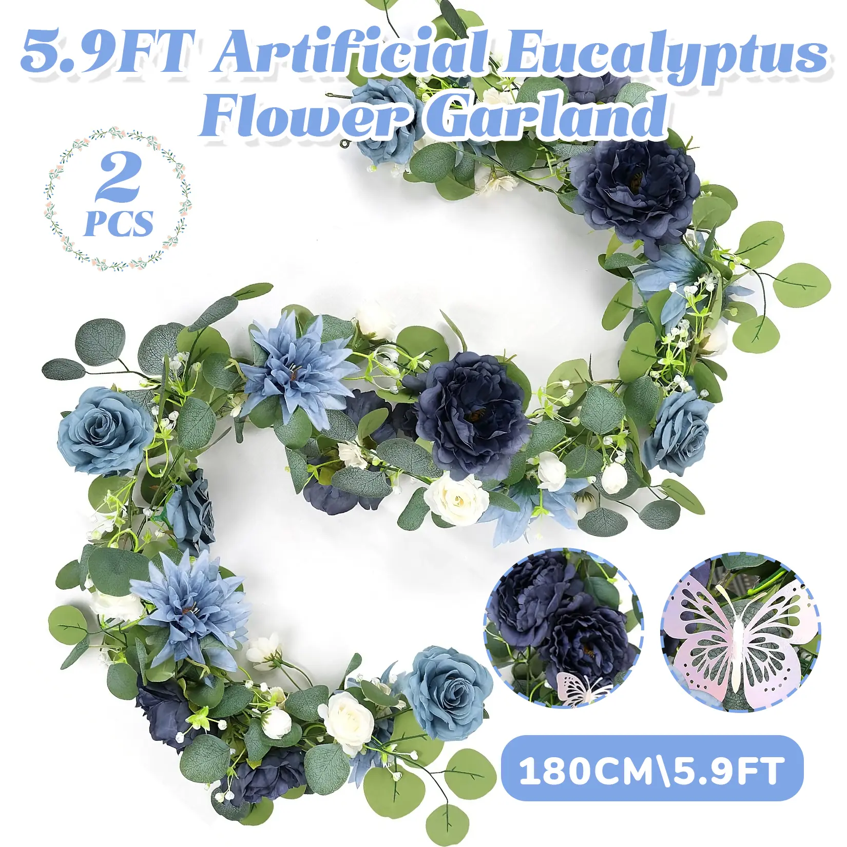 Decorative 2-Pack 180cm Colorful Pink Silk Plastic Eucalyptus & Rose Garland with 3D Silver Butterflies, Faux Floral Vine Set for Home Decor, Wedding Arch