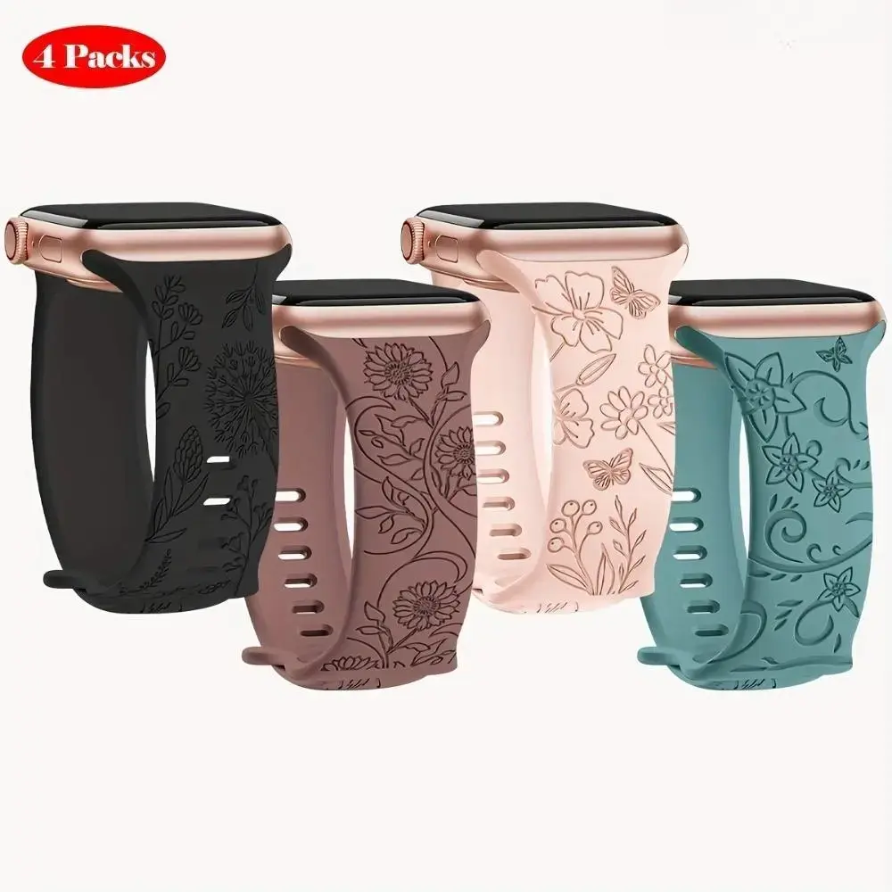 4-Pack Floral Silicone Apple Watch Bands – Sport Straps Compatible with Apple Watch 38-49mm