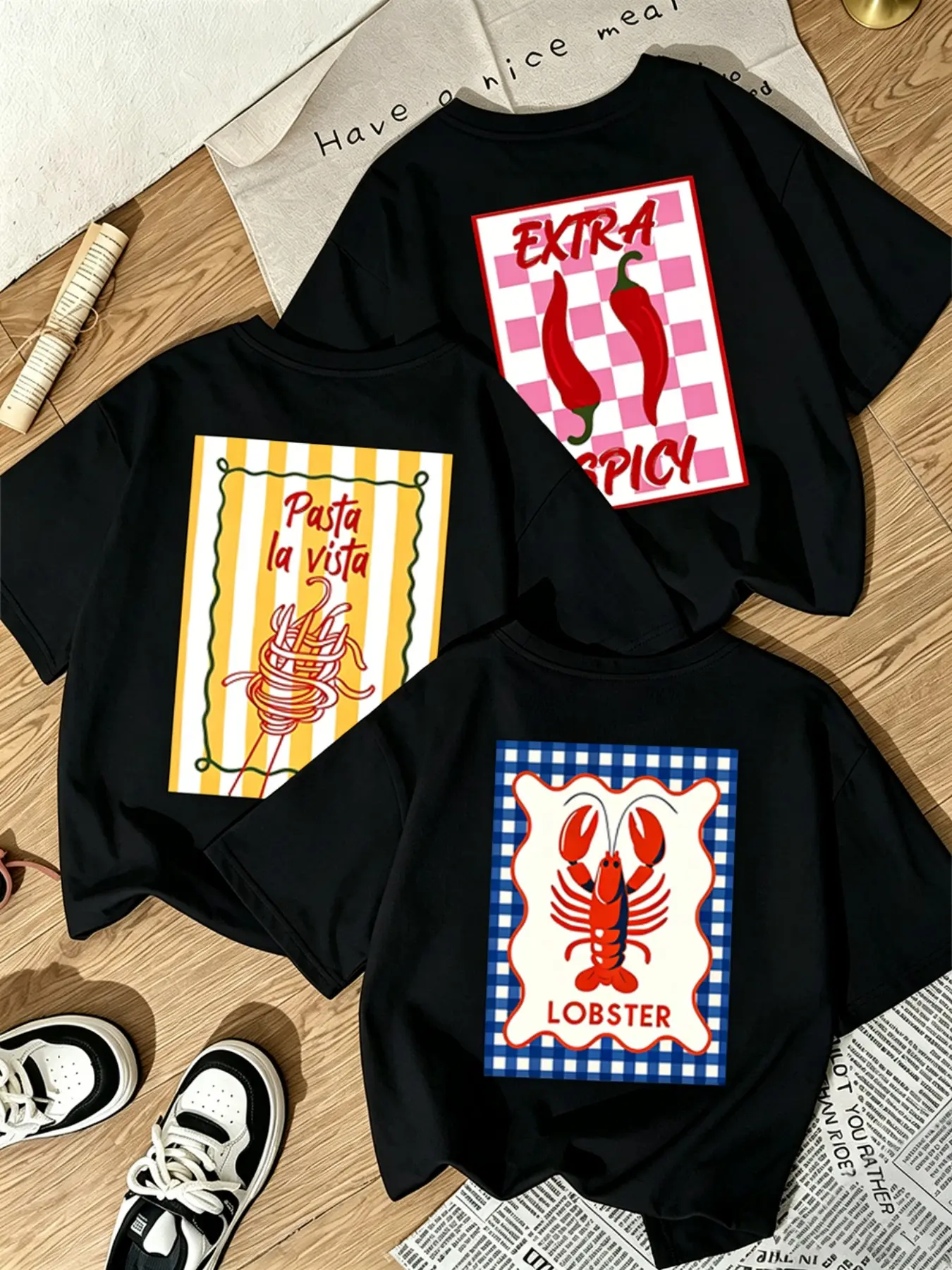 3Pcs Funny Food Graphic Oversized T Shirts for Women, Pasta La Vista Spaghetti Chili Lobster Front & Back Print Tees, Matching BFF Best Friend Shirts, Italian Cuisine Spicy Food Lover Streetwear Summer Vacation Outfits.