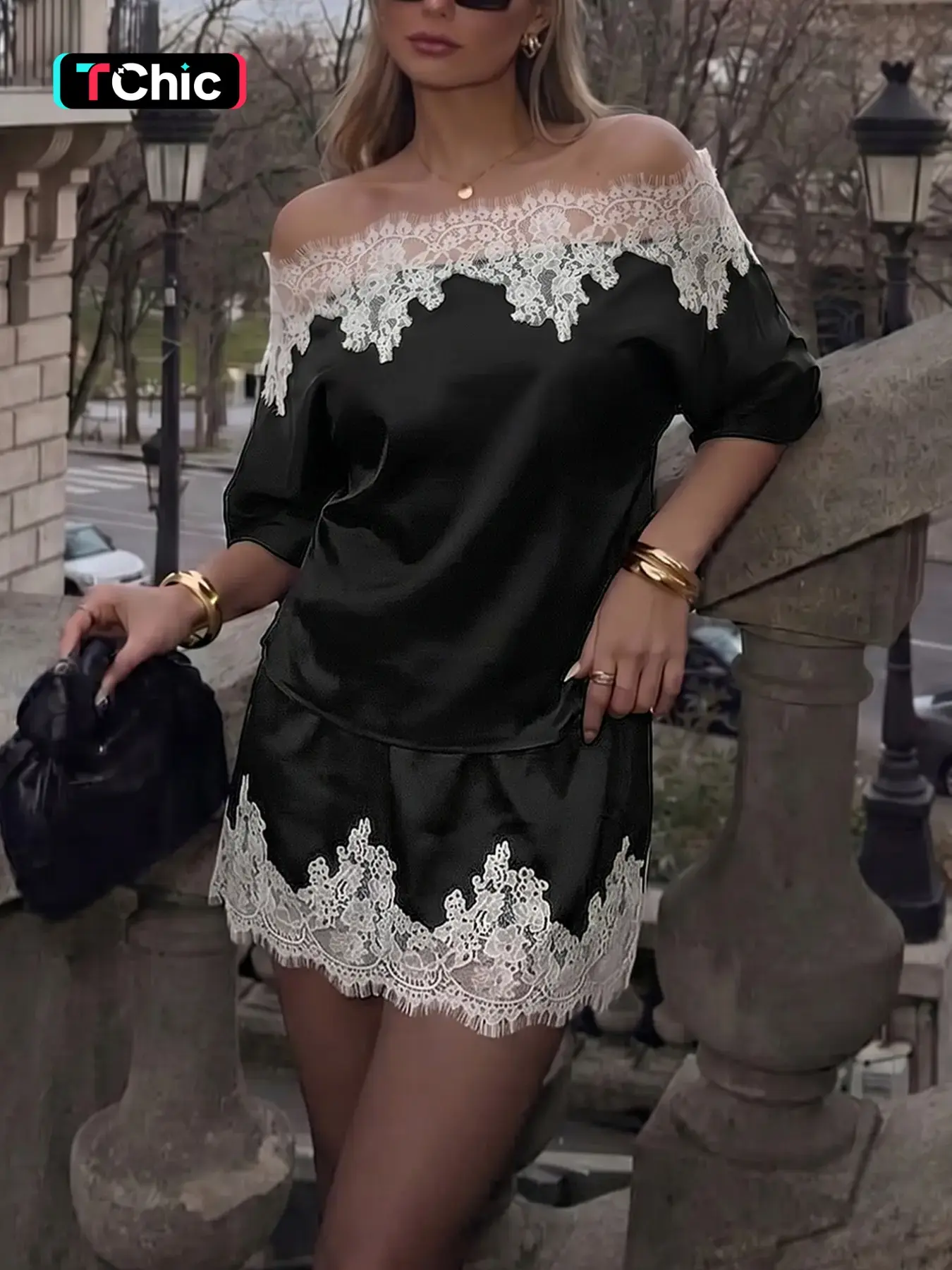 Black Off Shoulder Lace Trim Two Piece Set Women Elegant Contrast White Lace Bardot Top Mini Skirt Bodycon Slim Fit Sexy Clubwear Party Evening Outfit Y2K French Chic Summer Going Out Set Fashion Elegant Aesthetic Date Night Look Vibe