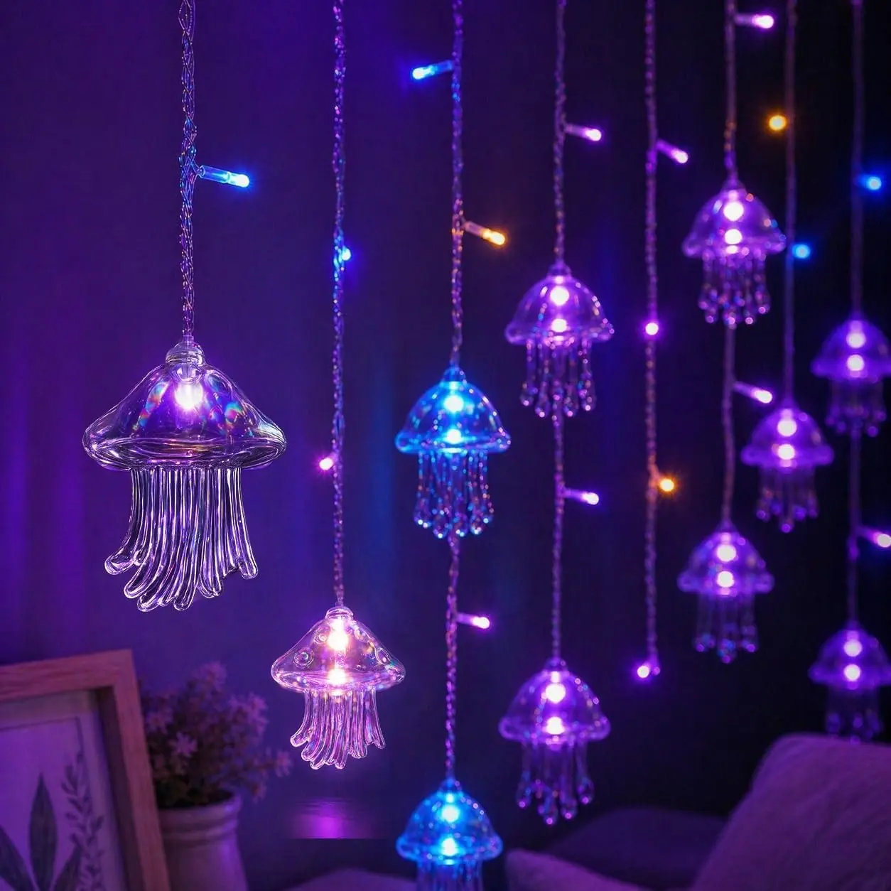 Jellyfish String Lights for Bedroom, USB Hanging Fairy Lights with Remote, Aesthetic Wall Decor Lights for Girls Room, Soft Ambient Lighting for Dorm, Bed, Window