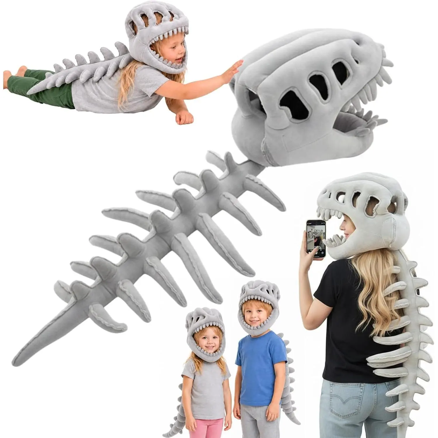 Kids Dinosaur Skeleton Costume, Cozy Plush Dino Bone Jumpsuit for Halloween Cosplay Party Dress Up(Gift)