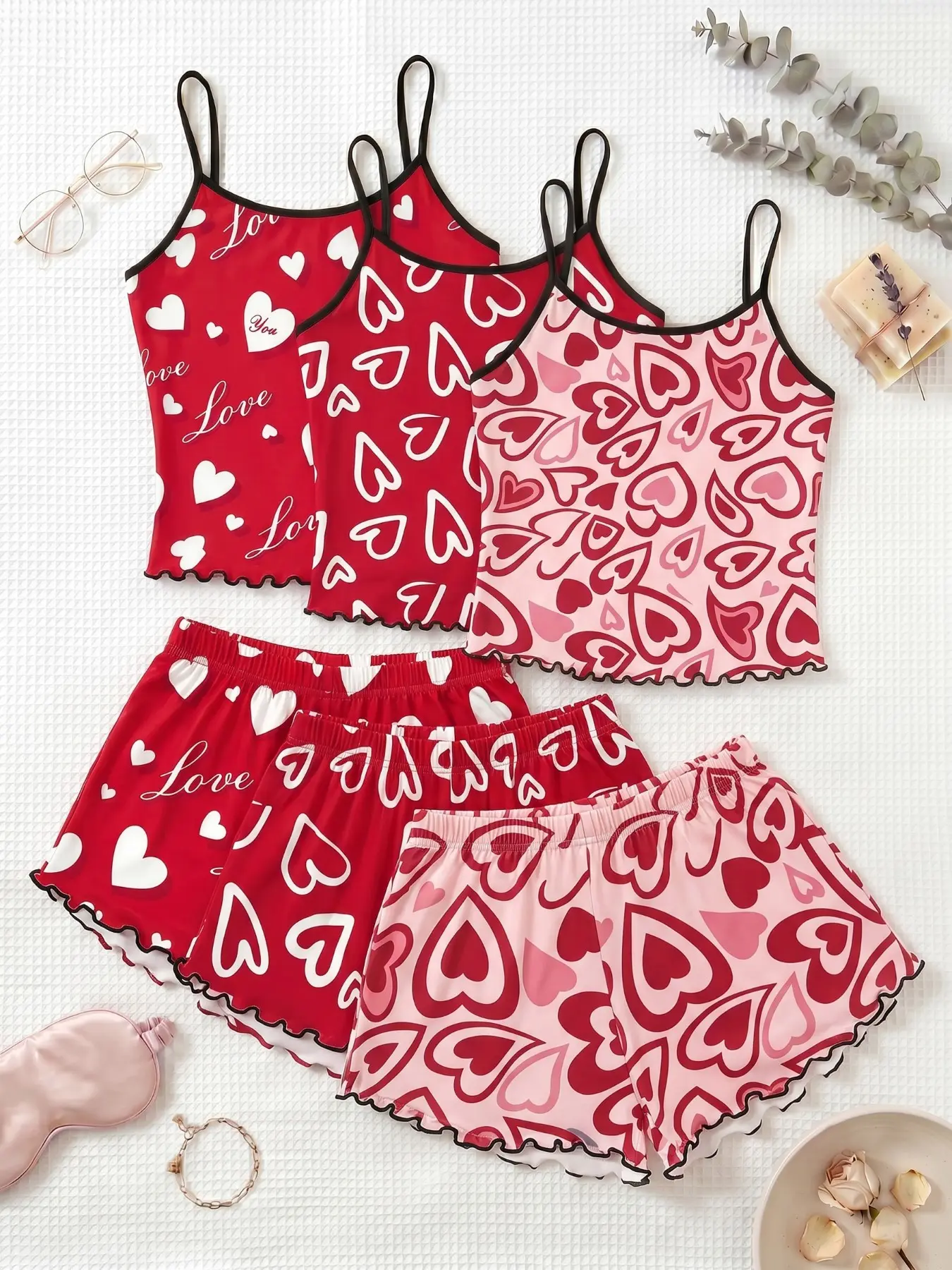 3-Piece Set Heart Print Tank Top Shorts Pajamas, Loungewear, Ruffled Trim Ruffle Design, Sweet Cool Girl Style, Breathable Home Sleepwear