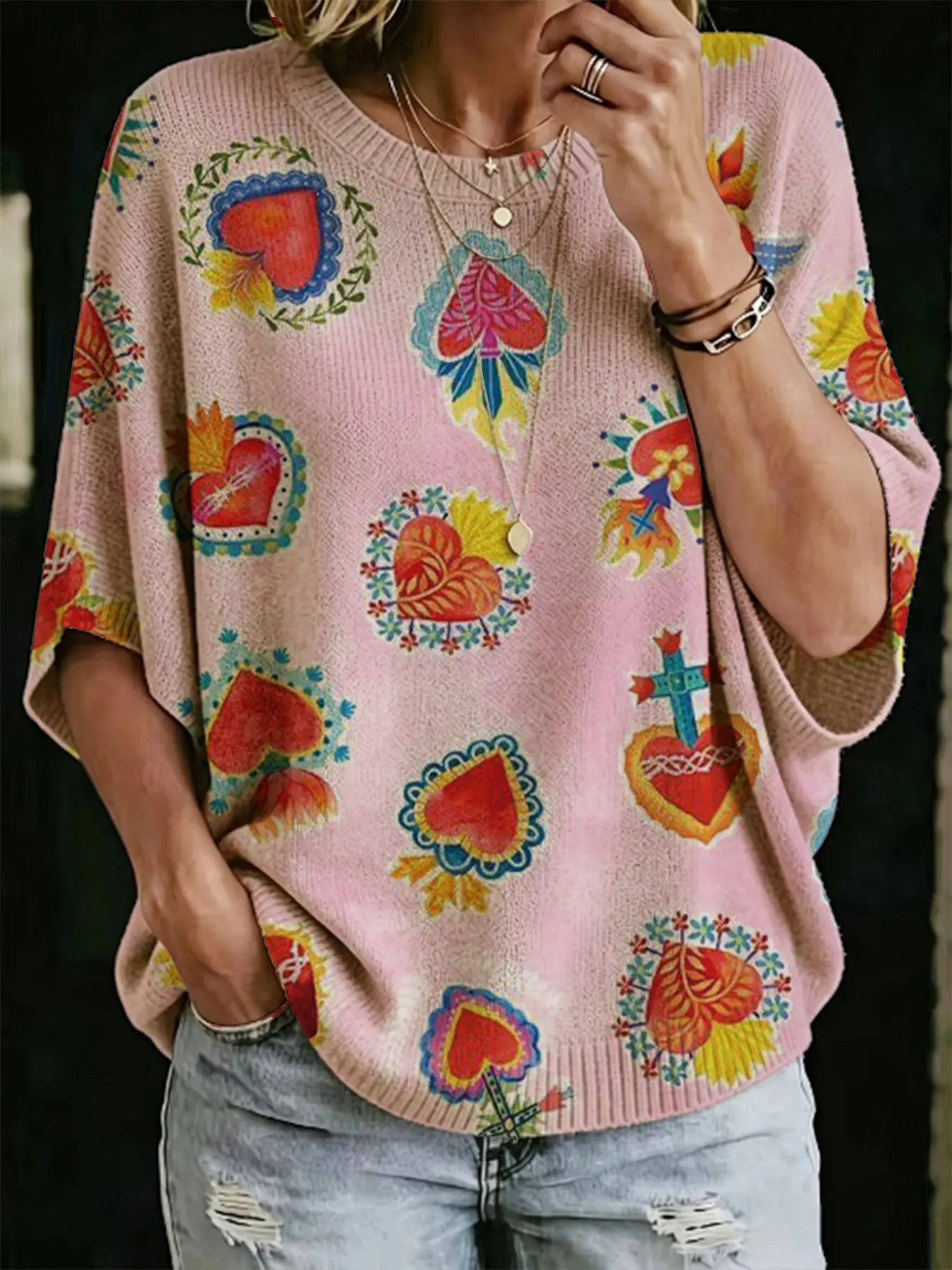 Women's Knitted Top for Spring Summer Fall Winter, Casual Loose Commuter Sweater, Heart Print, Four-Season Wear
