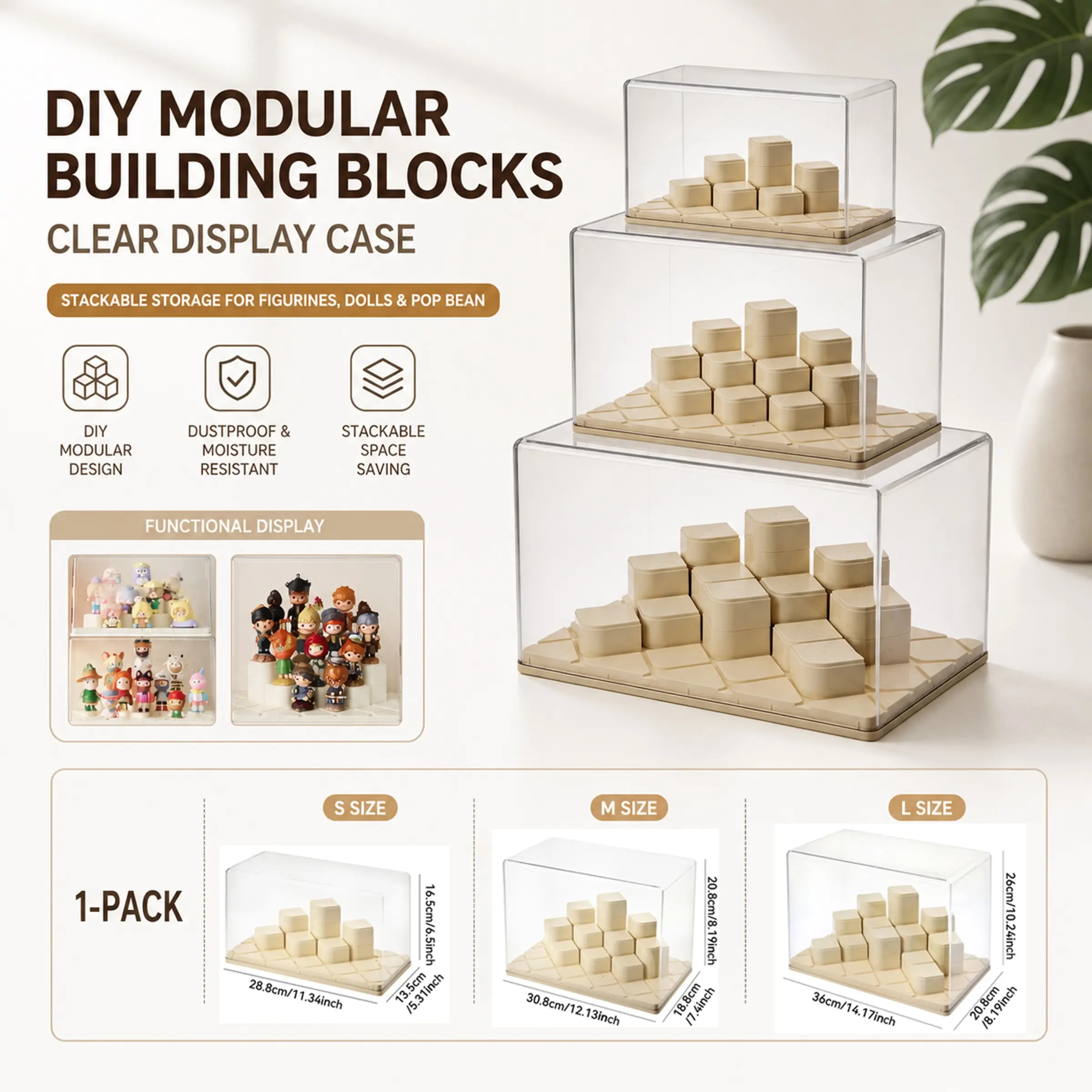 Modular Building Block Figure Display Case, Stackable Clear Acrylic Storage Showcase Box with Blocks Base for Action Figures, Plush Pendants, Perfume, Cosmetics, Jewelry, Dustproof Organizer