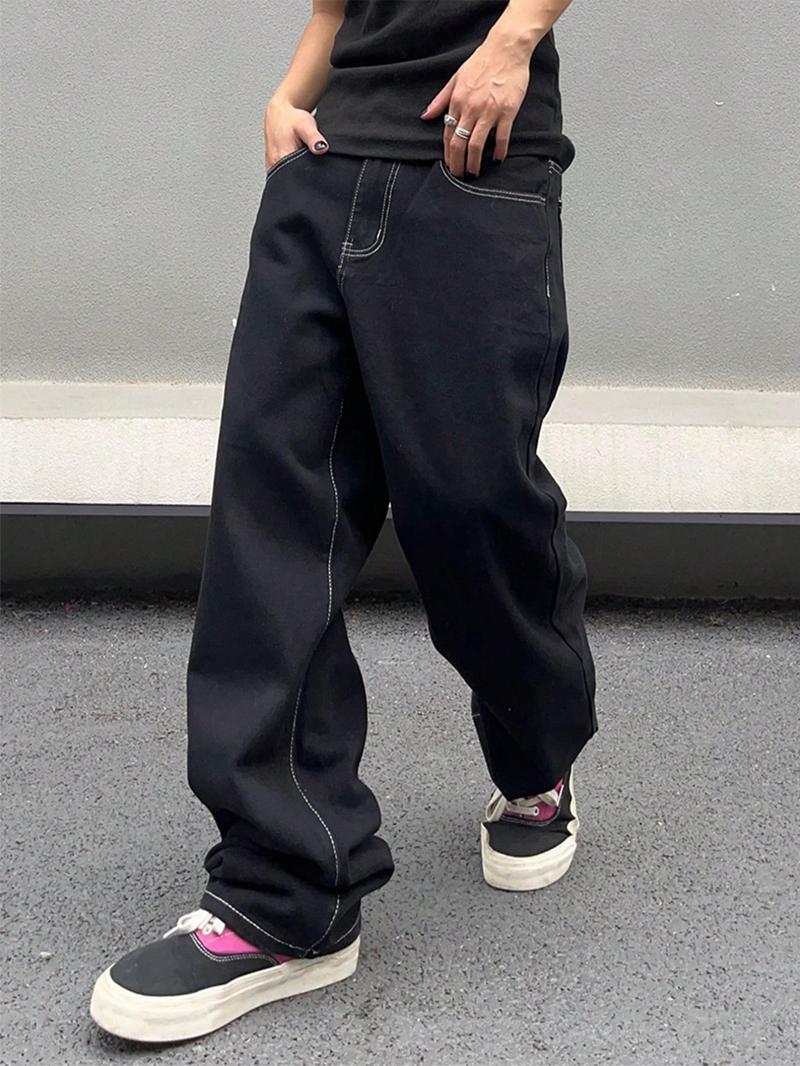 Men's Solid Color Wide Leg Multi Pocket Jeans, Loose Casual Comfy for Daily Wear, Woven Bottoms for All Seasons