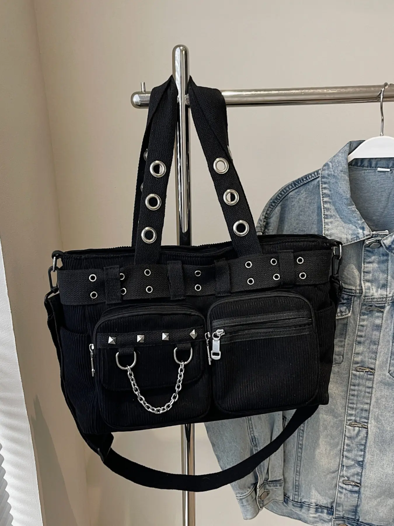 Fashion Rivet Punk Motorcycle Bag, Cool Multi-Pocket Handbag Shoulder Bag Portable Side Pocket Crossbody Bag